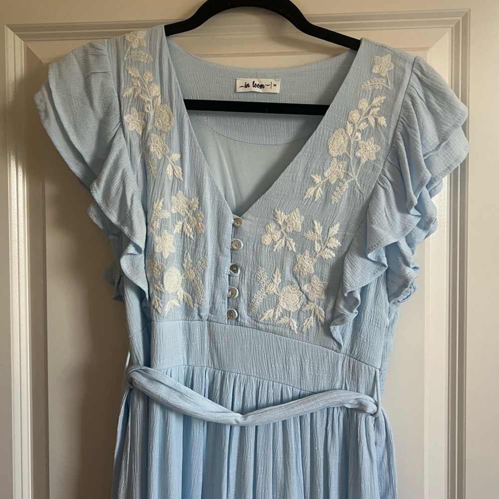 In Loom Light Blue Embroidery Midi Dress w/ tie